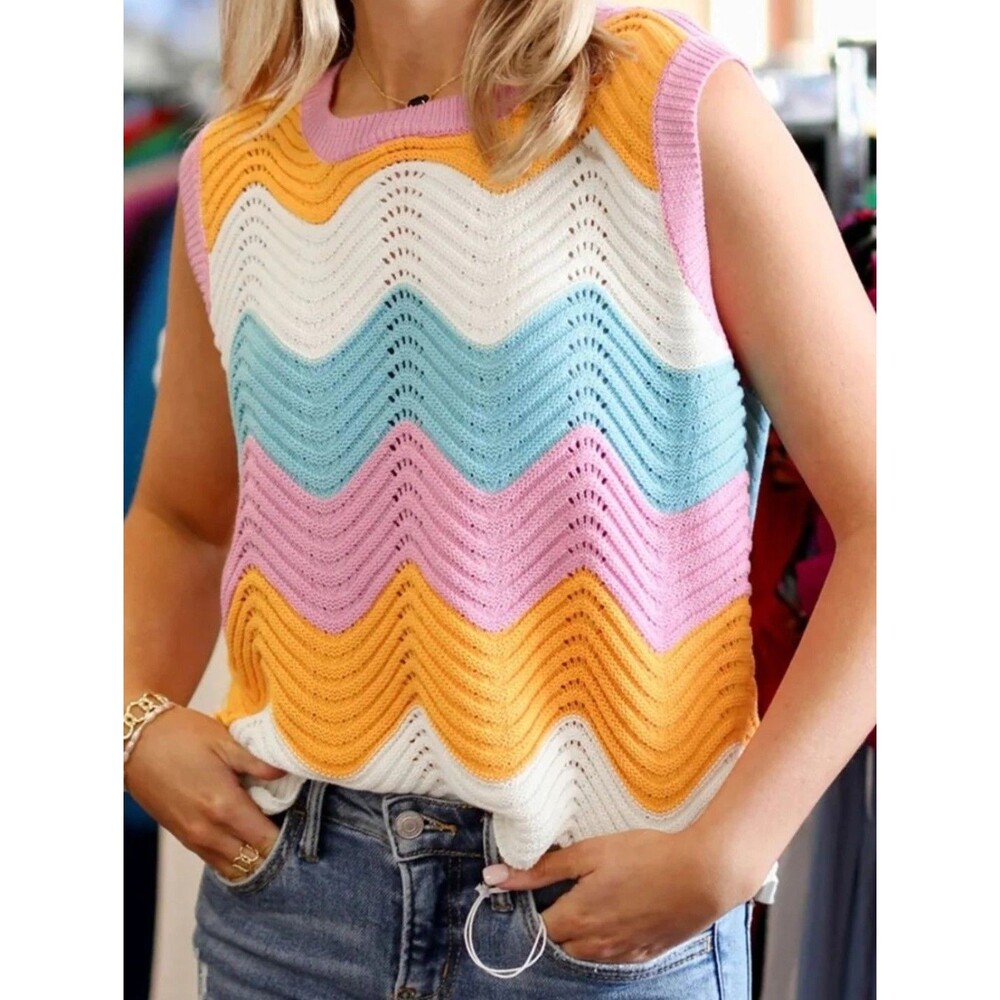Women's Colorblock Knit Sweater Vest Small Chevron Stripe Summer Festival Beach